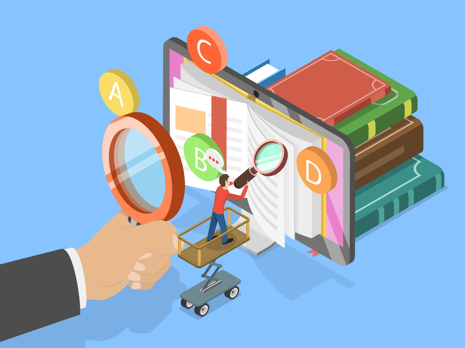 Illustration of a hand holding a magnifying glass in front of a computer screen showing an open book and query icons, with a stack of books behind the computer screen.