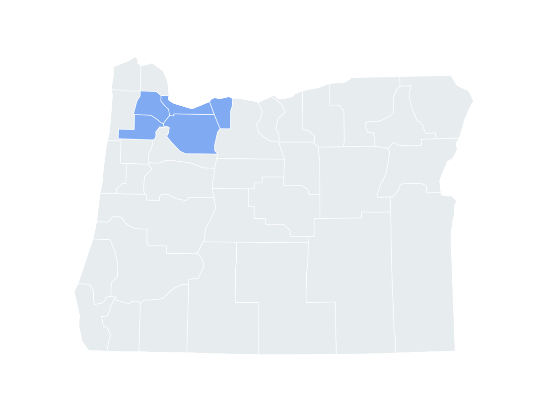 Map of Oregon State depicting the  Individual and Family Connect plans service area map, with applicable Portland-area counties highlighted in blue. County names in text above.
