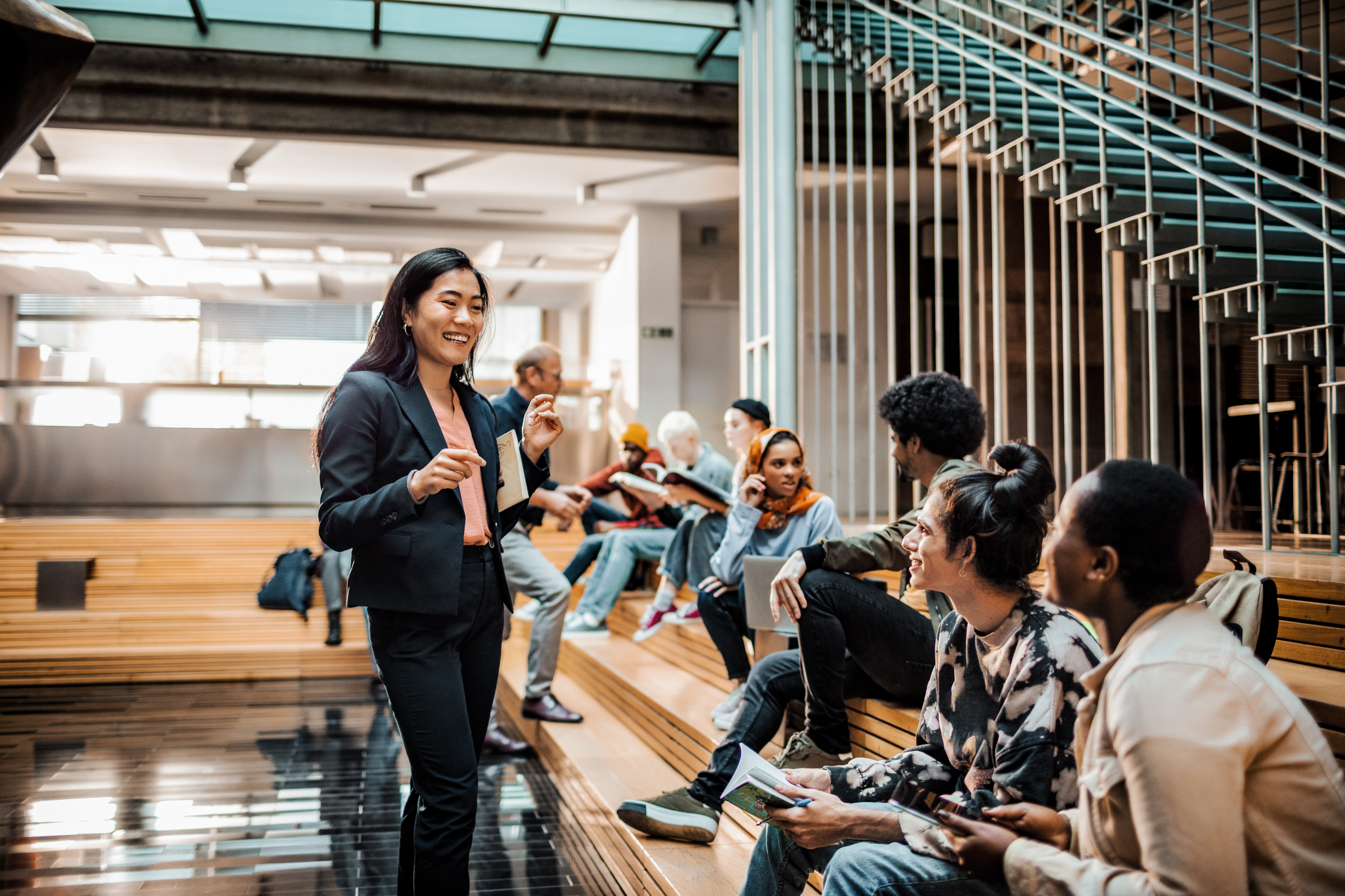 A group meeting in an atrium